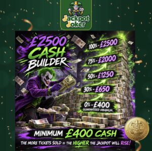 The £2500 Cash Builder - Win a minimum of £400 all the way up to £2500 - The more tickets sold = The higher the jackpot grows